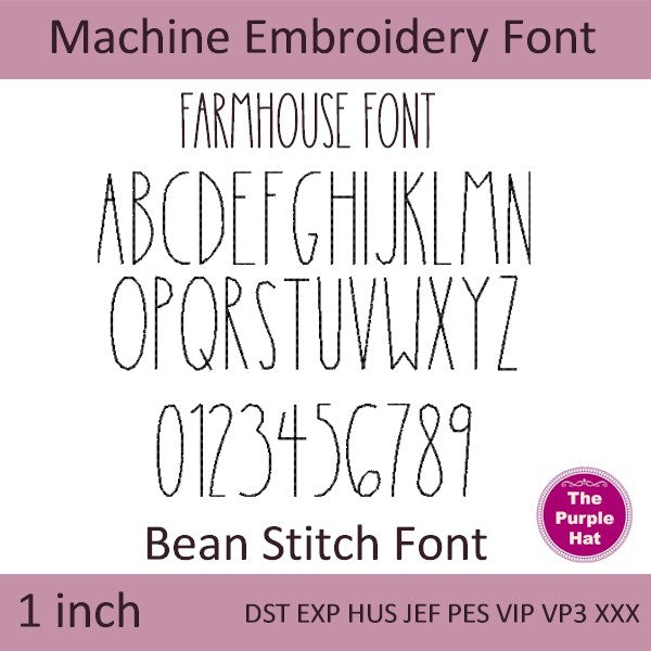 Farmhouse bean triple stitch machine embroidery font 1 inch