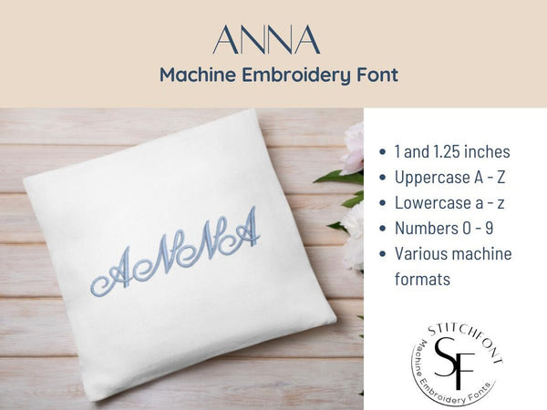 Anna Machine Embroidery Satin Font Alphabet - 2 sizes - 8 formats