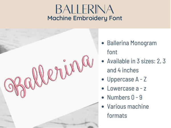 Machine Embroidery Satin Stitch Font - Ballerina - 3 sizes - 8 formats