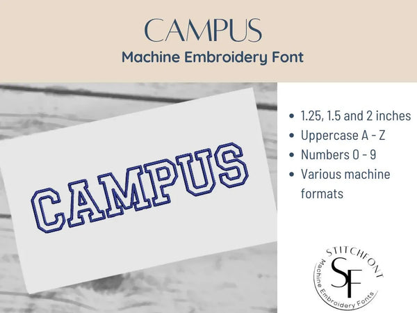 Machine Embroidery Satin Font Alphabet - Campus Outline - 3 sizes - 8 formats
