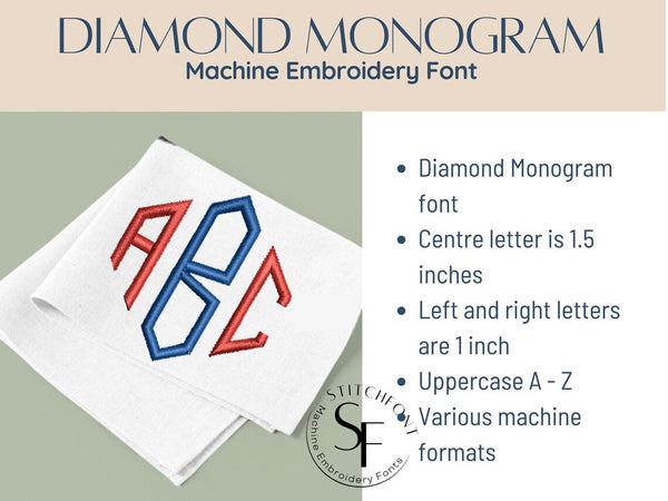 Machine Embroidery Satin Stitch Font - Diamond Monogram - 1 sizes - 8 formats