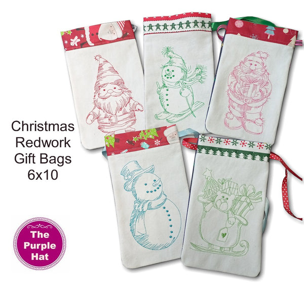 ITH In the Hoop Christmas Redwork Gift Bags 6x10