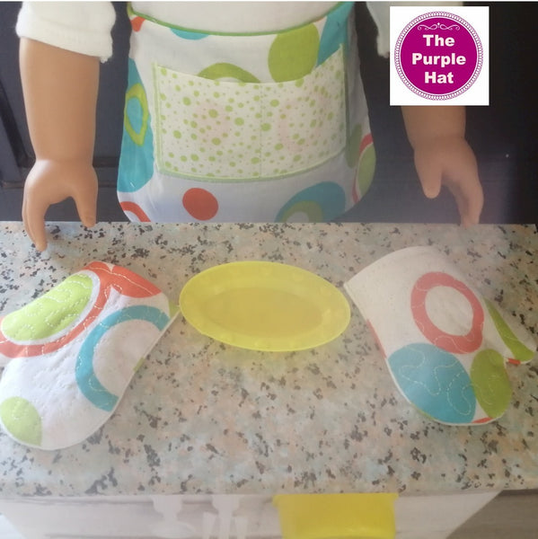 ITH Fully Reversible Half Apron and Oven Mitts for 18 inch doll 5x7