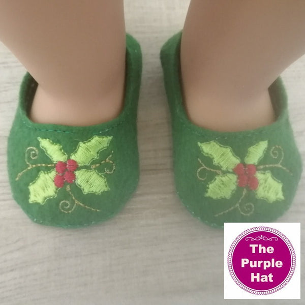 ITH Christmas Holly shoes or slippers for 18 inch doll 4x4