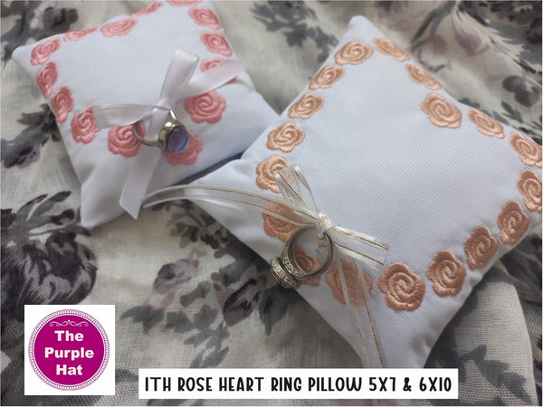 ITH In the Hoop Rose Heart Wedding Ring Pillow 5x7 & 6x10
