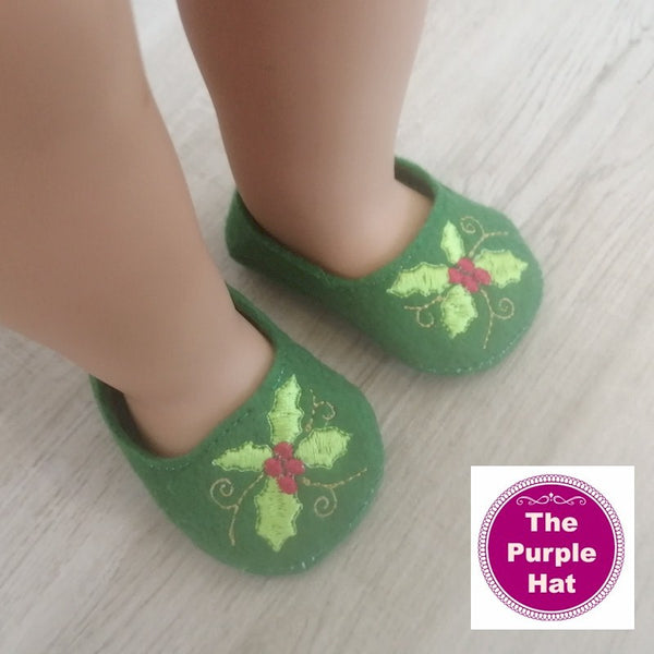 ITH Christmas Holly shoes or slippers for 18 inch doll 4x4